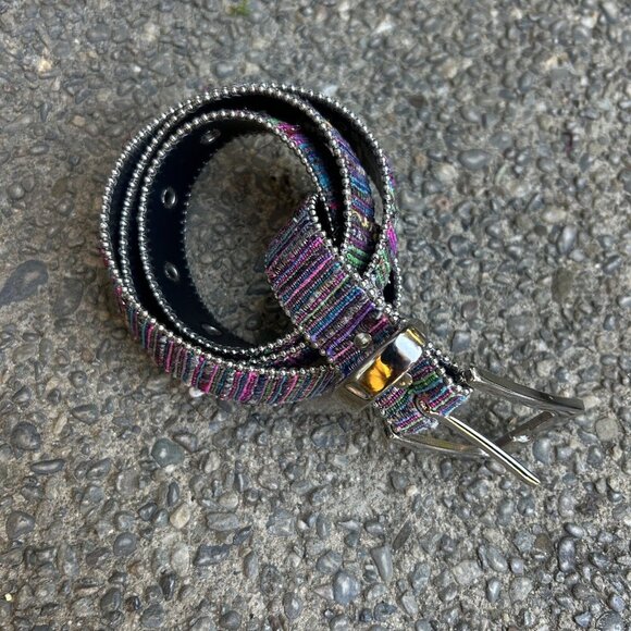 Vintage 70s 80s Rainbow Striped Embroidered Silver Beads Metallic Weave Belt - Picture 8 of 10